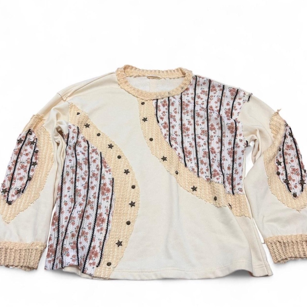 POL Cream Patchwork Knit Longsleeve Top– Women’s Size Small